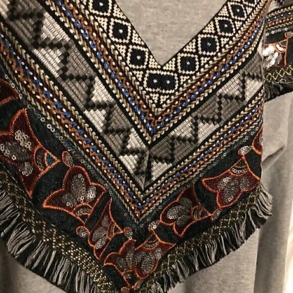 Boston Proper Aztec Tribal Embroider Heather Gray Long Sleeve Sweater Dress S - Picture 4 of 8